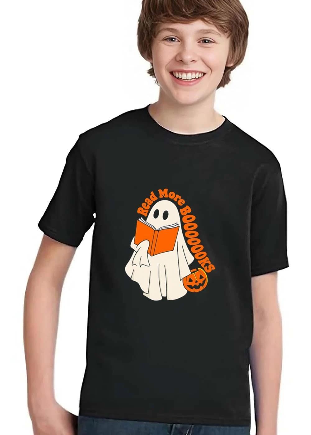 Read More Booooooks Cartoon Ghost Holding Orange Open Novel Pumpkin Bucket shirt