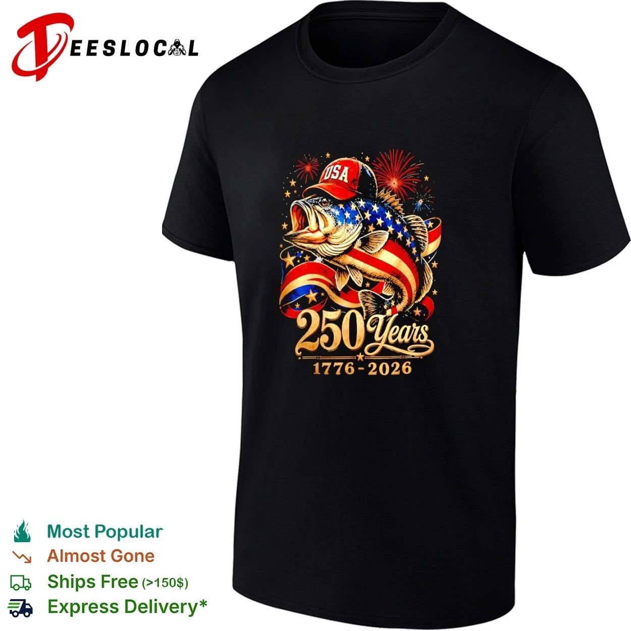 USA 250 Years 1776-2026 Patriotic Bass Fishing American Flag T-shirt