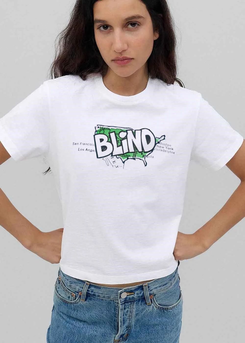 Blind Green US Map Major City Names Graffiti Cartoon Outline shirt