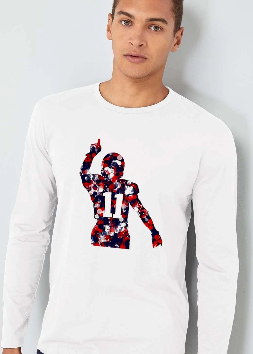 Football Player Silhouette Number 11 Pointing Up Red White Blue Paint Splatter Watercolor shirt