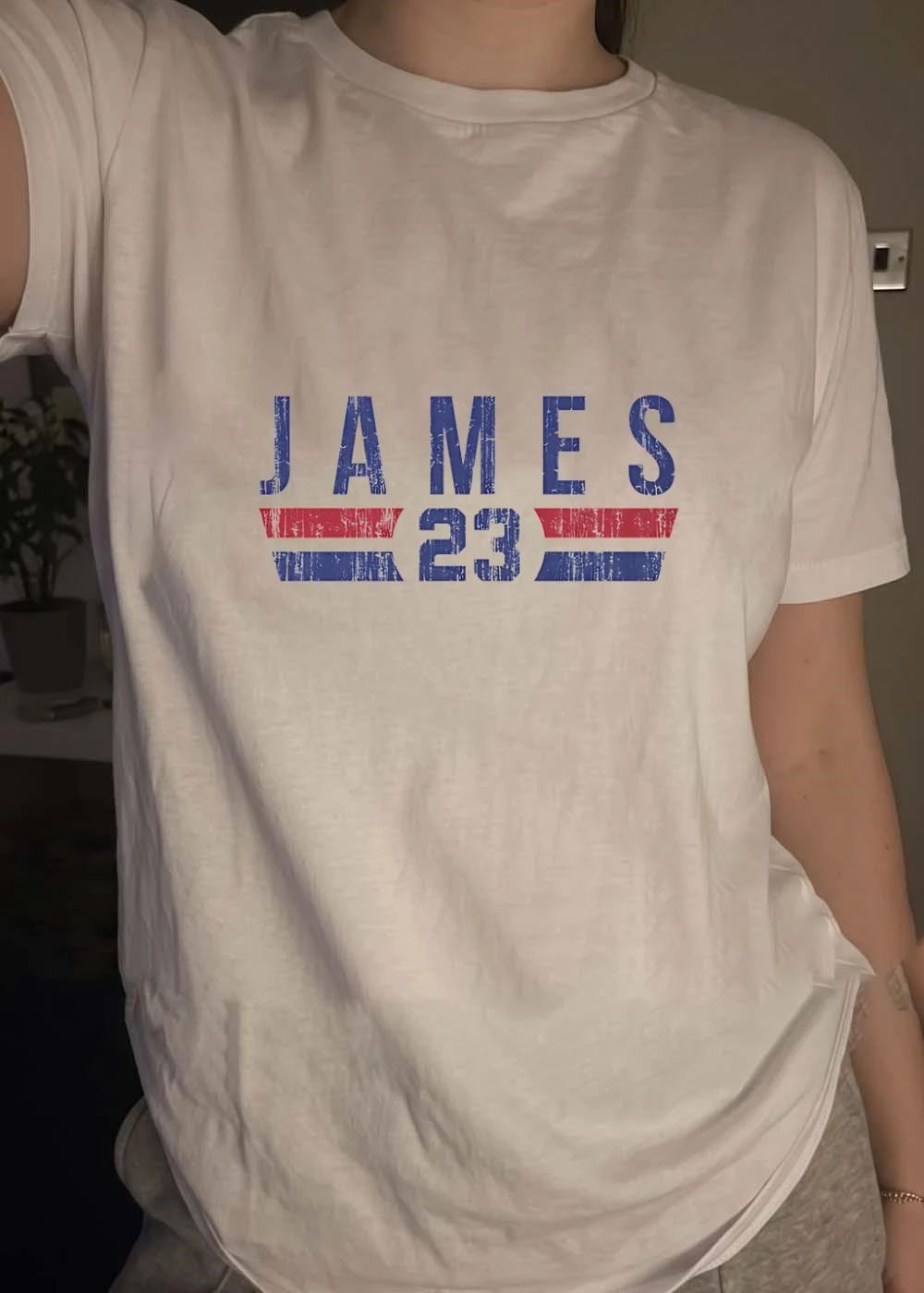 James 23 Apparel Distressed Red White and Blue Basketball Jersey shirt