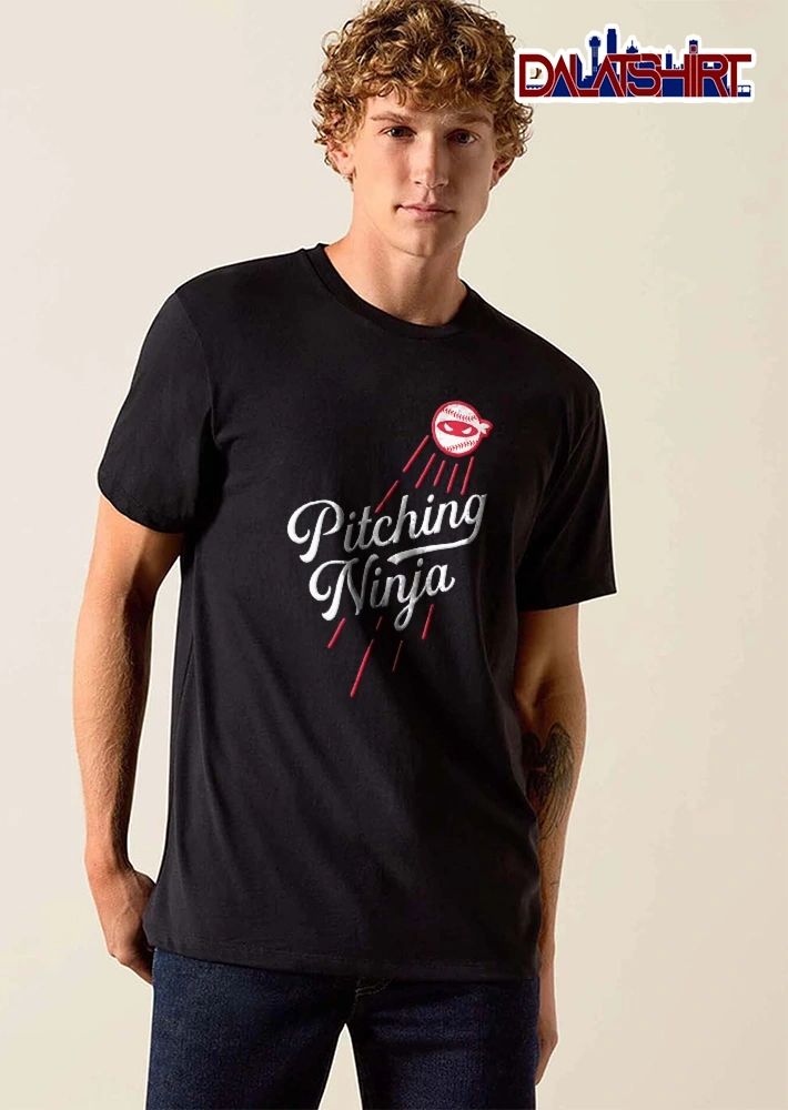 Pitching Ninja Masked Baseball Flying Red Motion Lines Script shirt