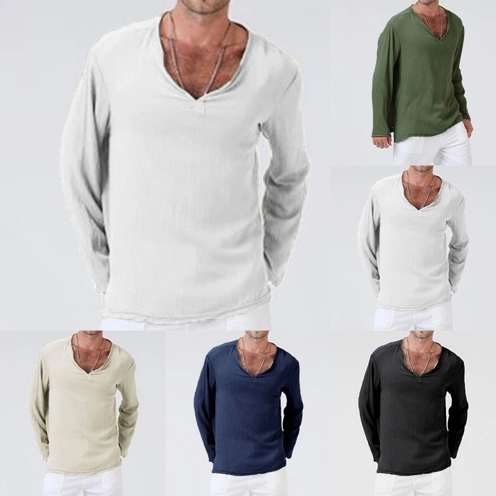 Long Sleeve V Neck Cotton T Shirts for Men Casual Breathable Simple Style