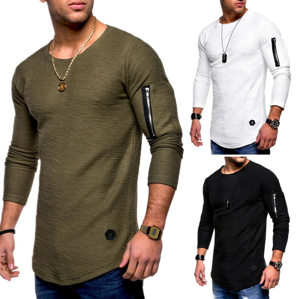 Men Slim Fit Zipper Long Sleeve Muscle Tee T-shirt Casual Sports Tops Blouse
