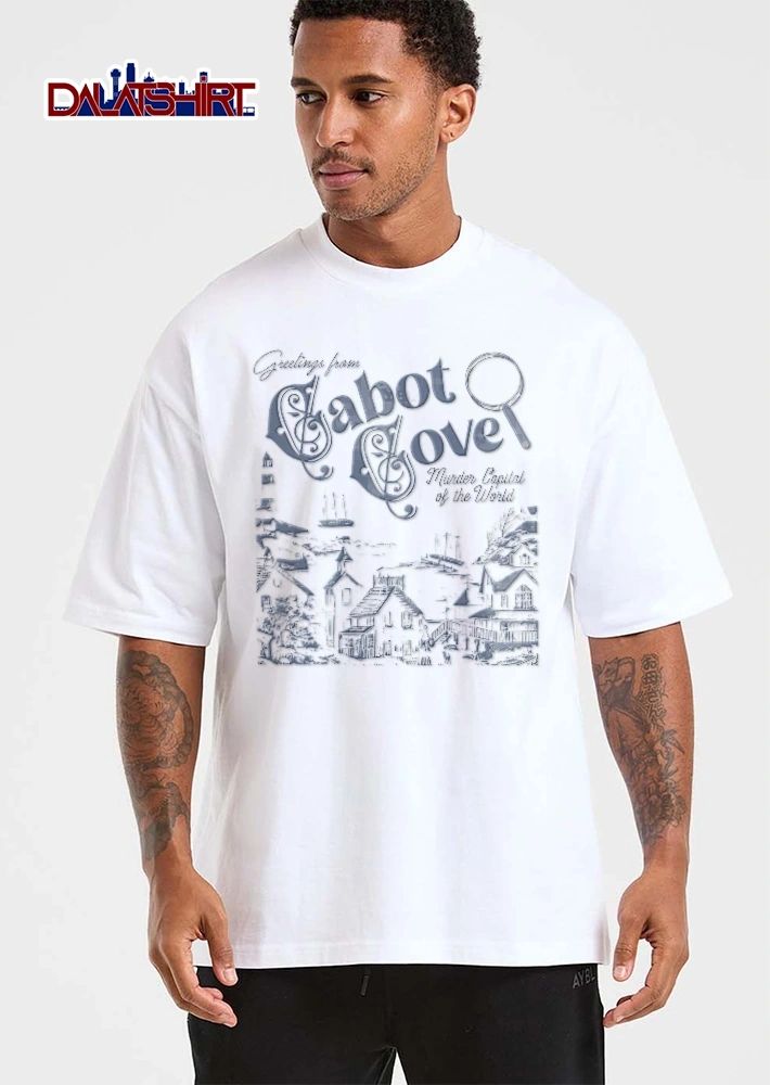 Greetings From Cabot Cove Murder Capital Of The World Magnifying Glass Coastal Village Line Art shirt