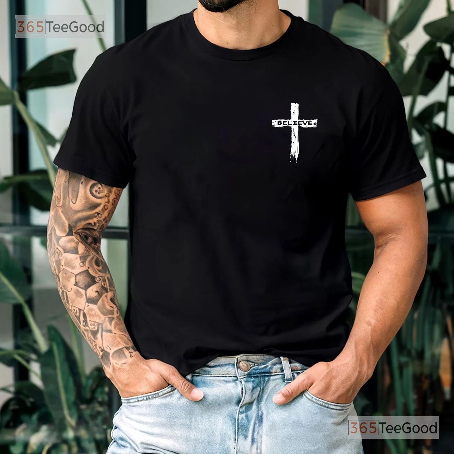 Christian Cross Believe Graphic Tee, Religious Faith Modern Shirt For Men