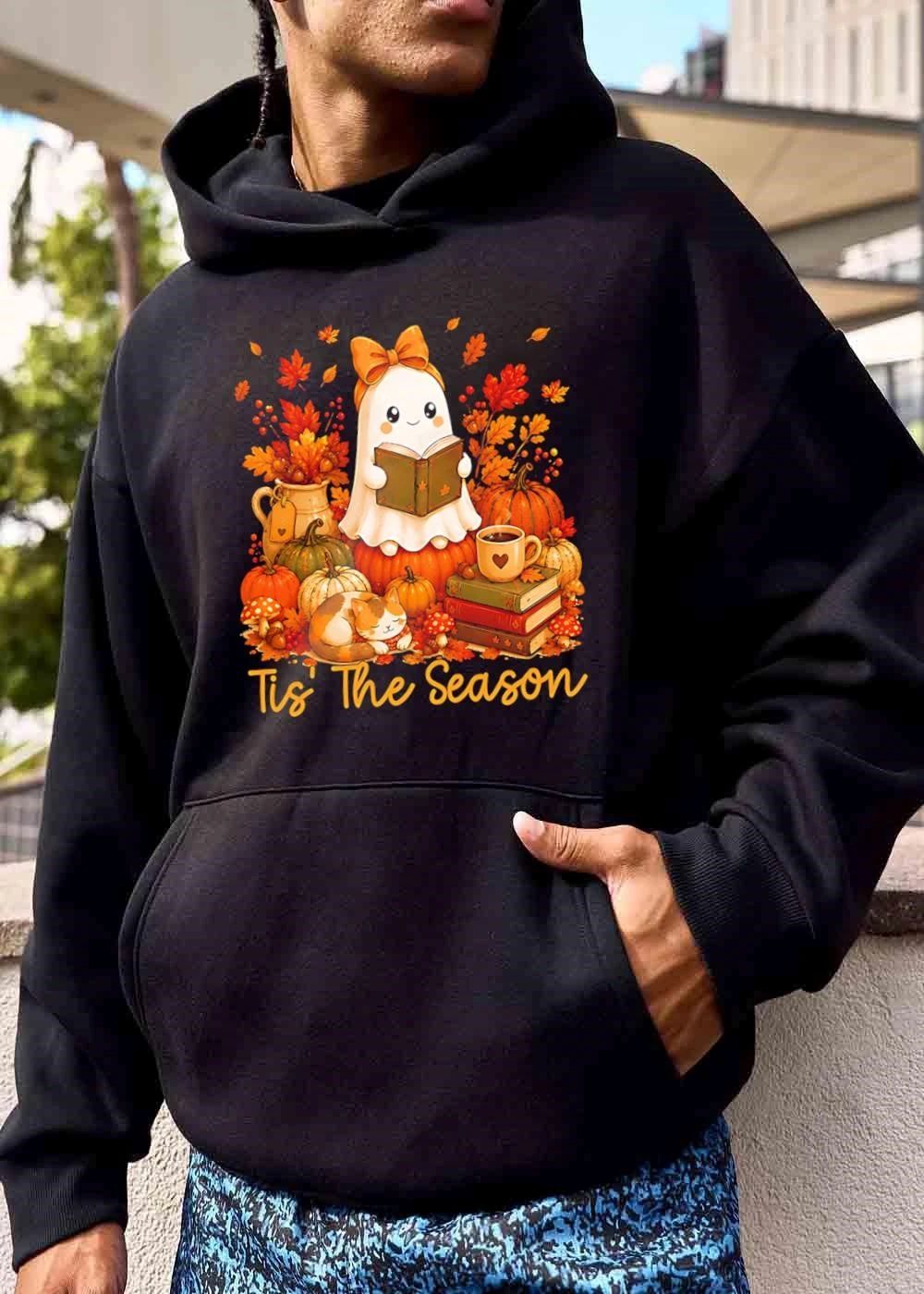 Tis The Season Cute Ghost Reading Book Pumpkin Sleeping Cat Leaves shirt