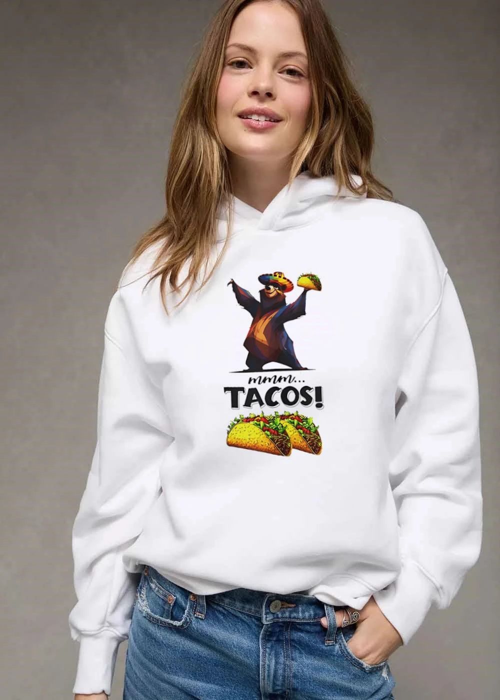 Mmm Tacos Cartoon Bear Wearing Colorful Sombrero Holding Food shirt