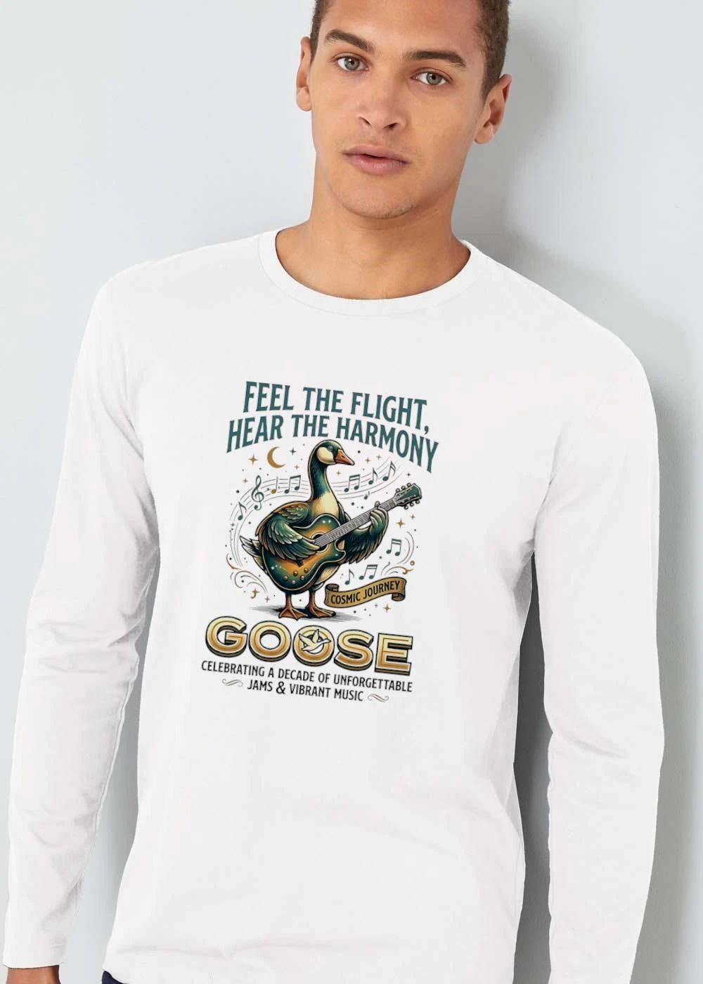 Goose Feel The Flight Hear Harmony Cosmic Journey Playing Guitar Musical Notes Moon shirt