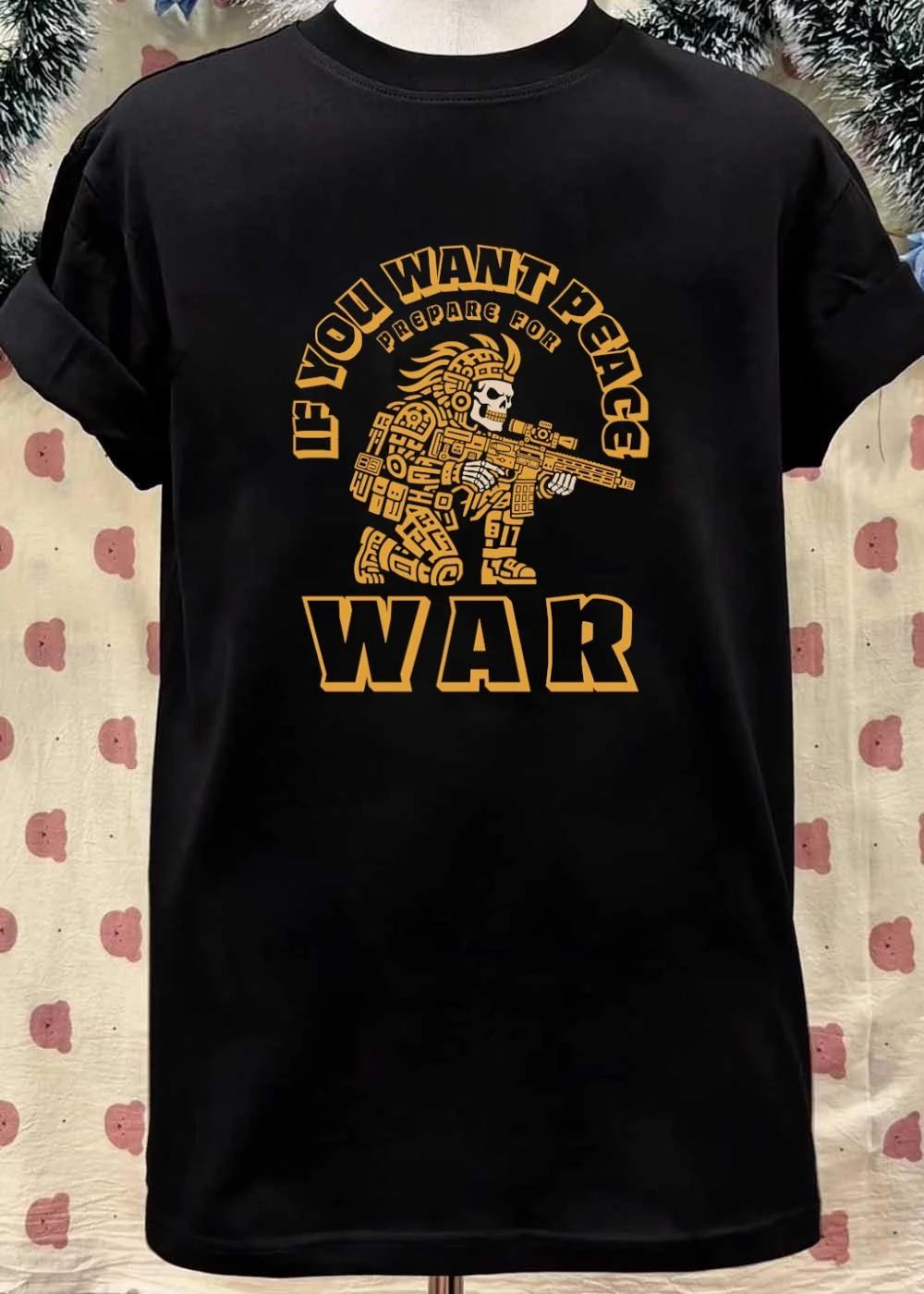 Aztec Skull Soldier Kneeling With Rifle If You Want Peace Prepare for War T-Shirt