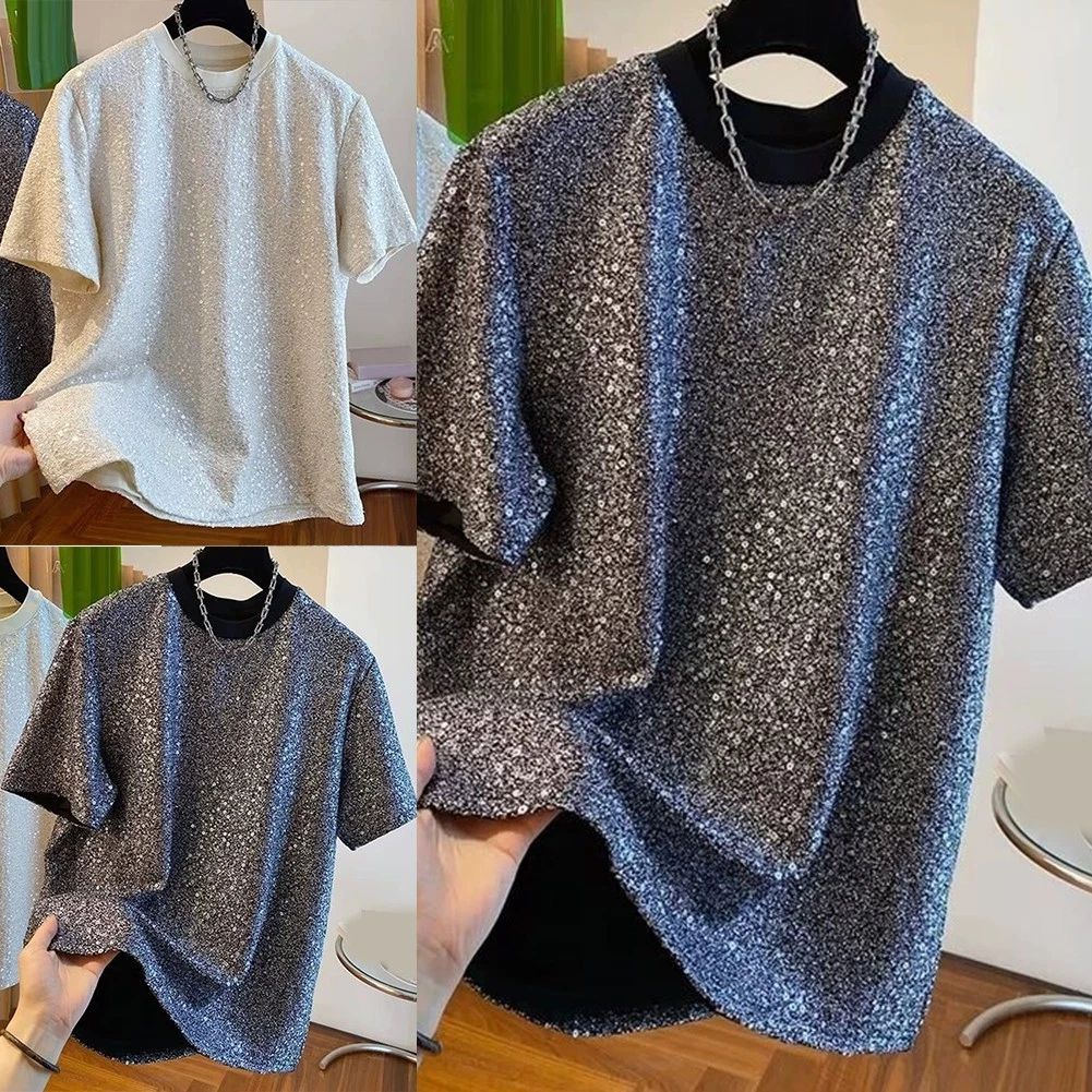 Stylish Mens Loose Fit Short Sleeve T Shirt with Sequins for Summer Casual Wear