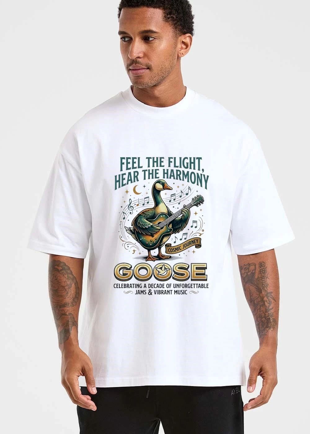 Goose Feel The Flight Hear Harmony Cosmic Journey Playing Guitar Musical Notes Moon shirt