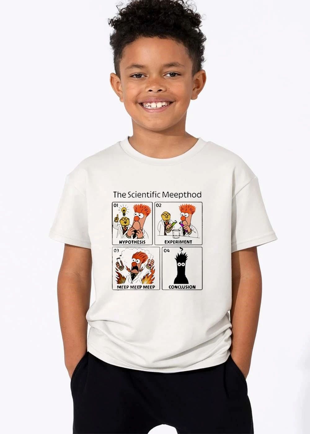The Scientific Meepthod 01 Hypothesis 02 Experiment 03 Meep 04 Conclusion Cartoon Beaker Comic Panels shirt