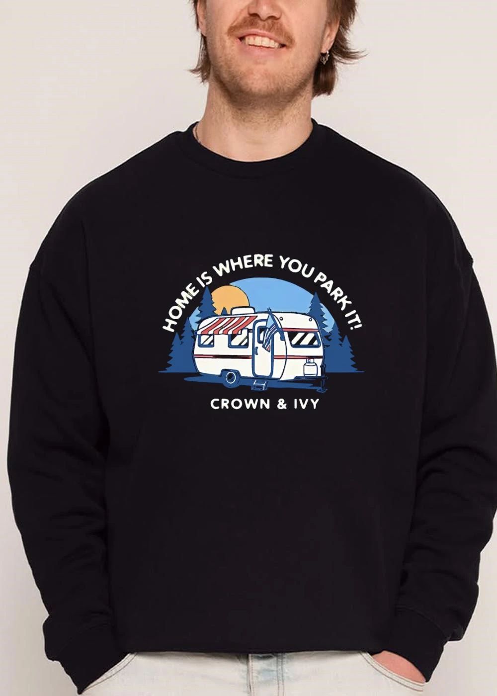 Crown And Ivy Home Is Where You Park It Travel Trailer Sun Pine Trees Cartoon shirt