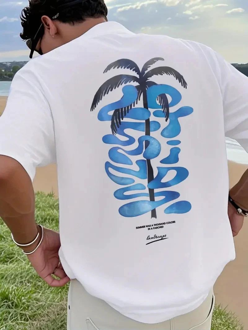 Men's Tropical Palm Tree Loose Fit Comfortable Casual Graphic Crew Neck T-Shirt