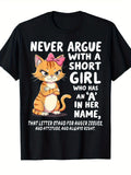 Cute Cat Pattern T-Shirt Black Funny Quote Design Casual Wear, PLUS SIZE