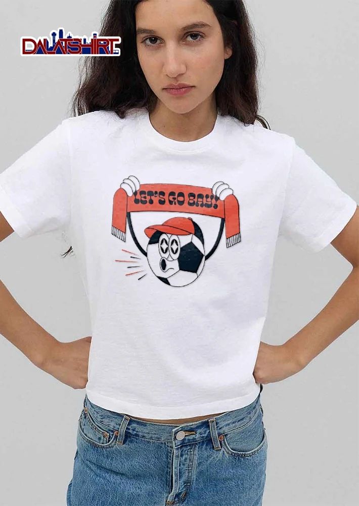 Lets Go Bay Retro Cartoon Soccer Ball Character Holding Red Scarf shirt