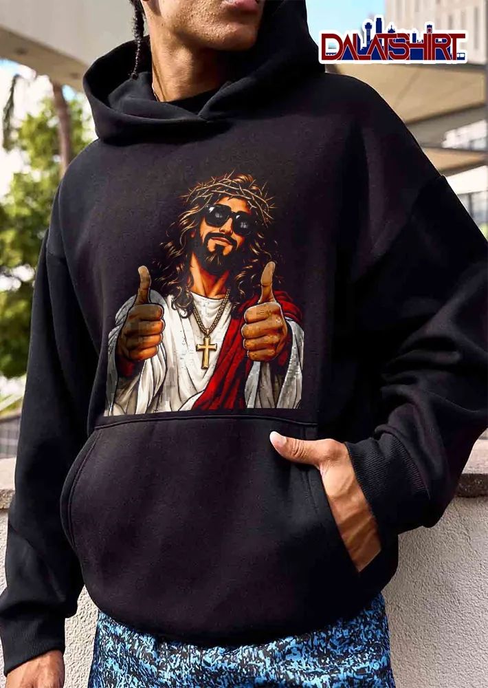 Jesus Wearing Sunglasses Crown Thorns Gold Cross Necklace Double Thumbs Up shirt