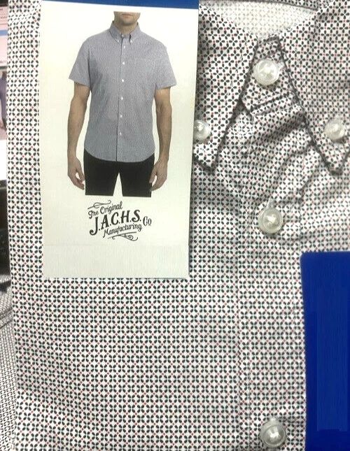 Jachs Mens Button Down Short Sleeve Dress Casual Shirt (White Micro, Medium) NWT