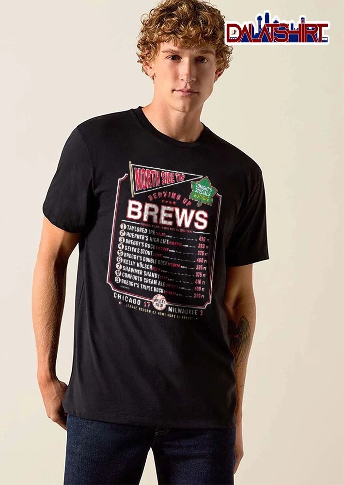 Chicago Cubs MLB North Side Tap Serving Up Brews Taylor Nico Hoerner Roster 2026 Scoreboard Chalkboard Pennant shirt