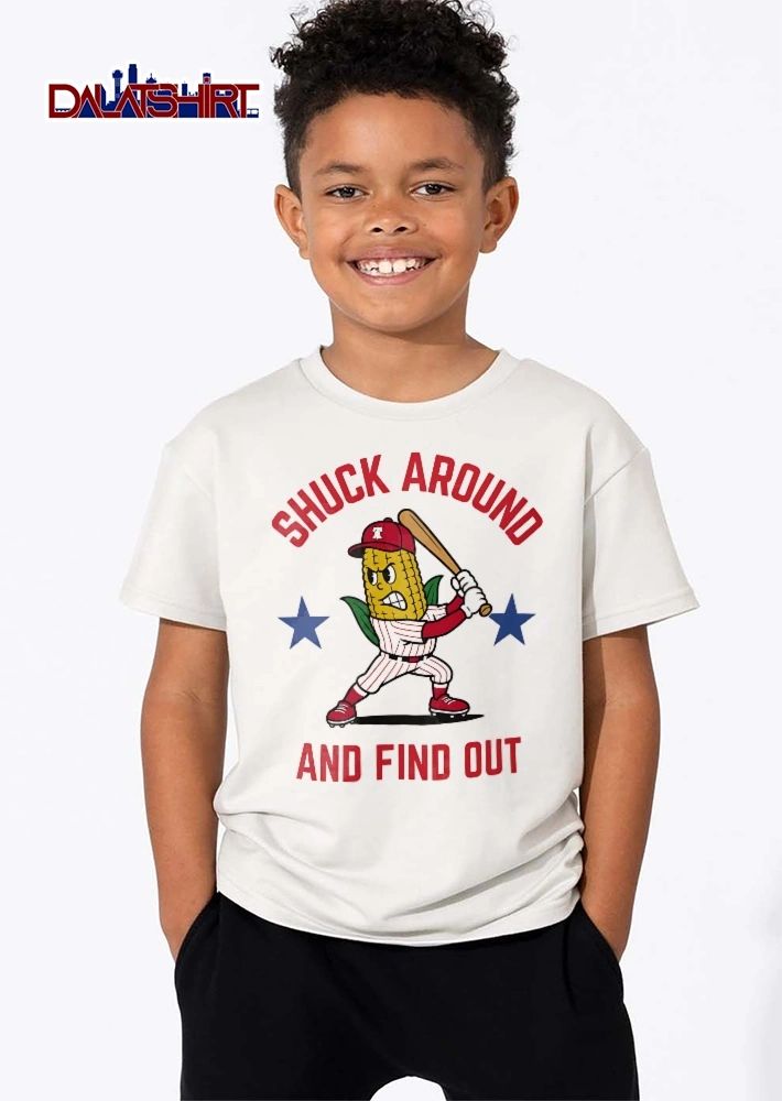 Shuck Around And Find Out Cartoon Corn Baseball Batter Blue Stars shirt