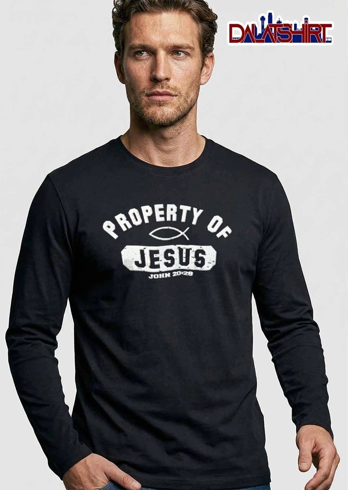 Property Of Jesus John 20 28 Distressed Christian Fish Symbol White Banner shirt