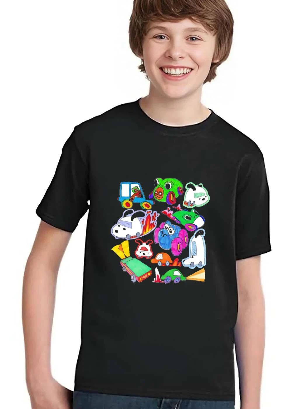 Cartoon Sketch Colorful Animal Toy Race Cars Rocket Exhaust Flames shirt