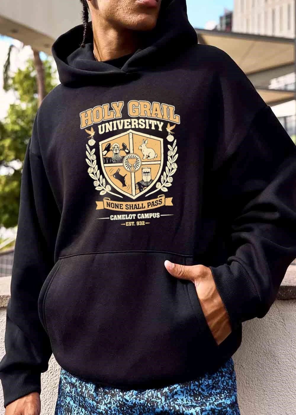 Holy Grail University None Shall Pass Camelot Campus Est 932 Shield Crest Swallows Coconuts Knights Distressed shirt