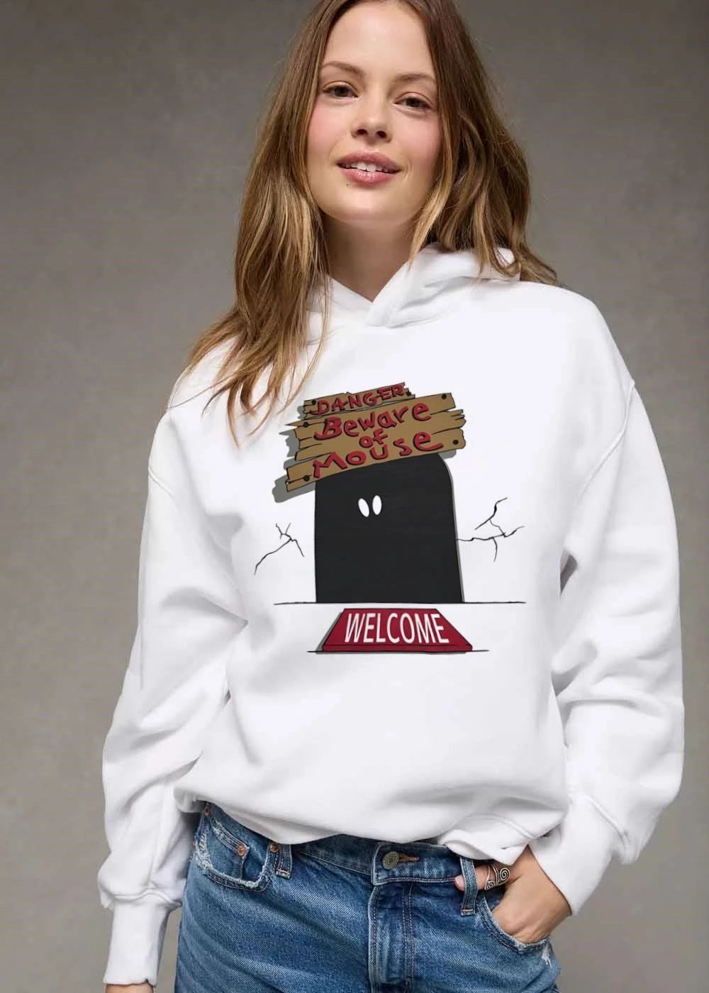 Danger Beware Of Mouse Welcome Cartoon Dark Hole Glowing Eyes Wooden Sign shirt