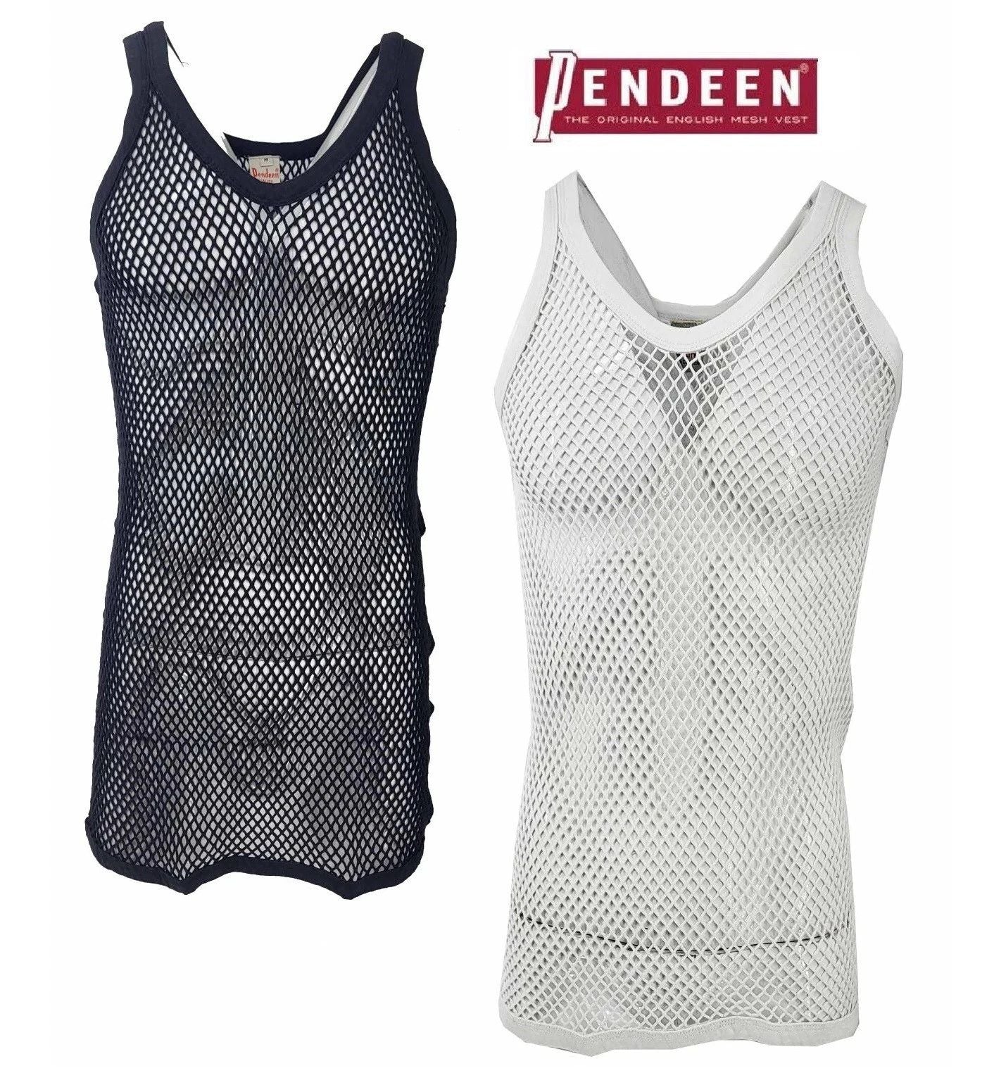 Original Pendeen Mens Premium 100% Cotton Mesh Fishnet String Vest Top V Neck