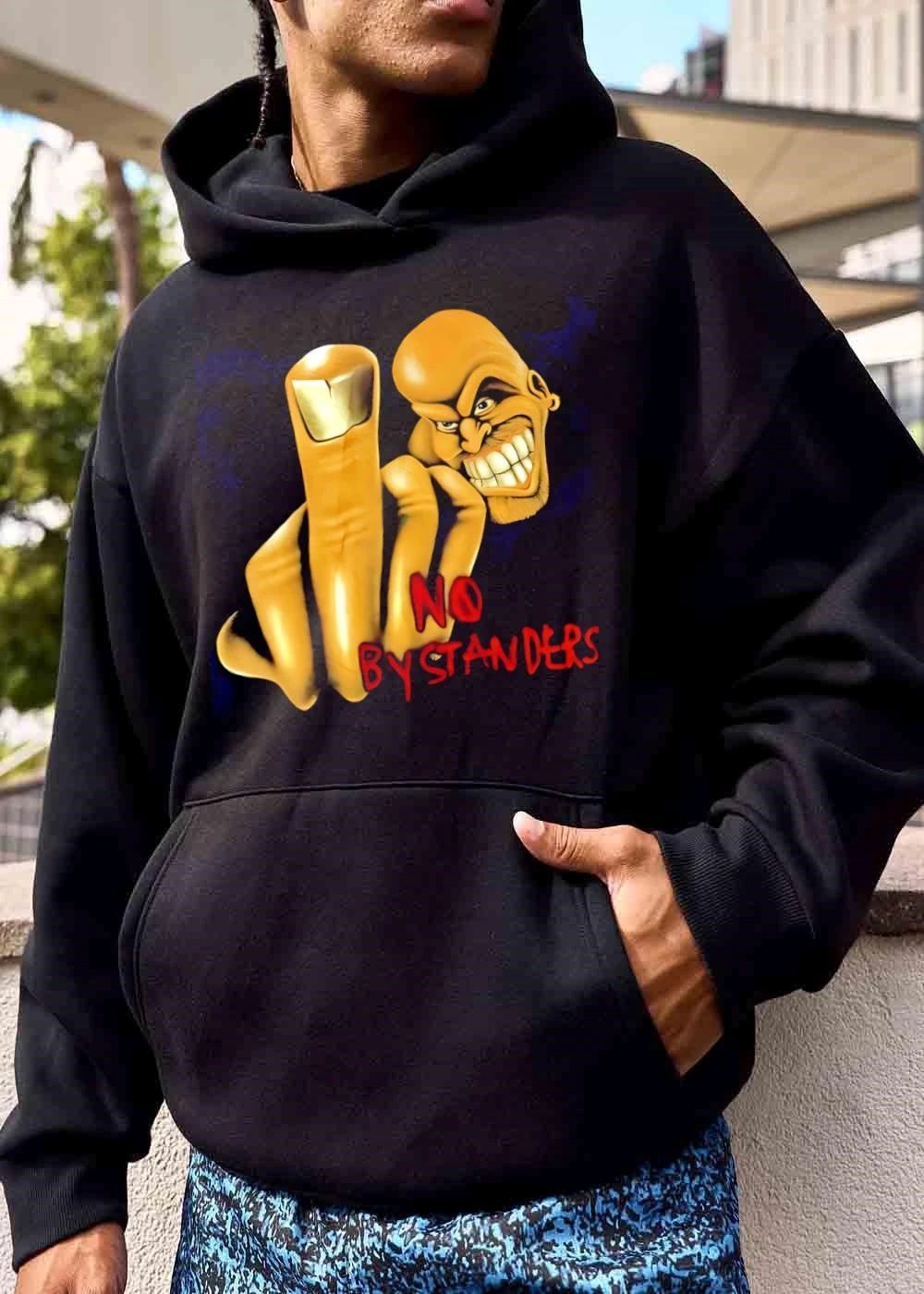 No Bystanders Yellow Cartoon Caricature Bald Man Middle Finger Hand shirt