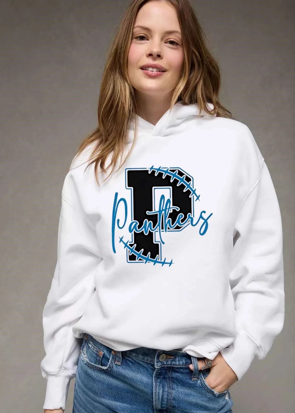 Panthers Varsity Letter P Blue Football Laces Script Text Outline shirt