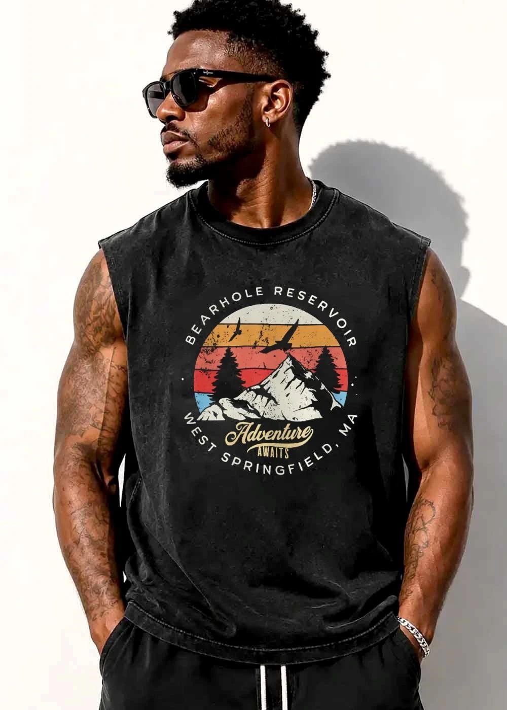 Bearhole Reservoir Adventure Awaits West Springfield Ma Distressed Retro Sunset Mountain Trees shirt