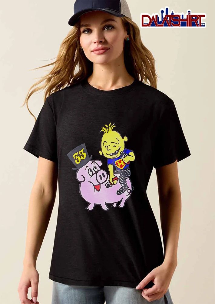33 Cartoon Boy Yellow Hair Riding Pink Pig Black Top Hat shirt