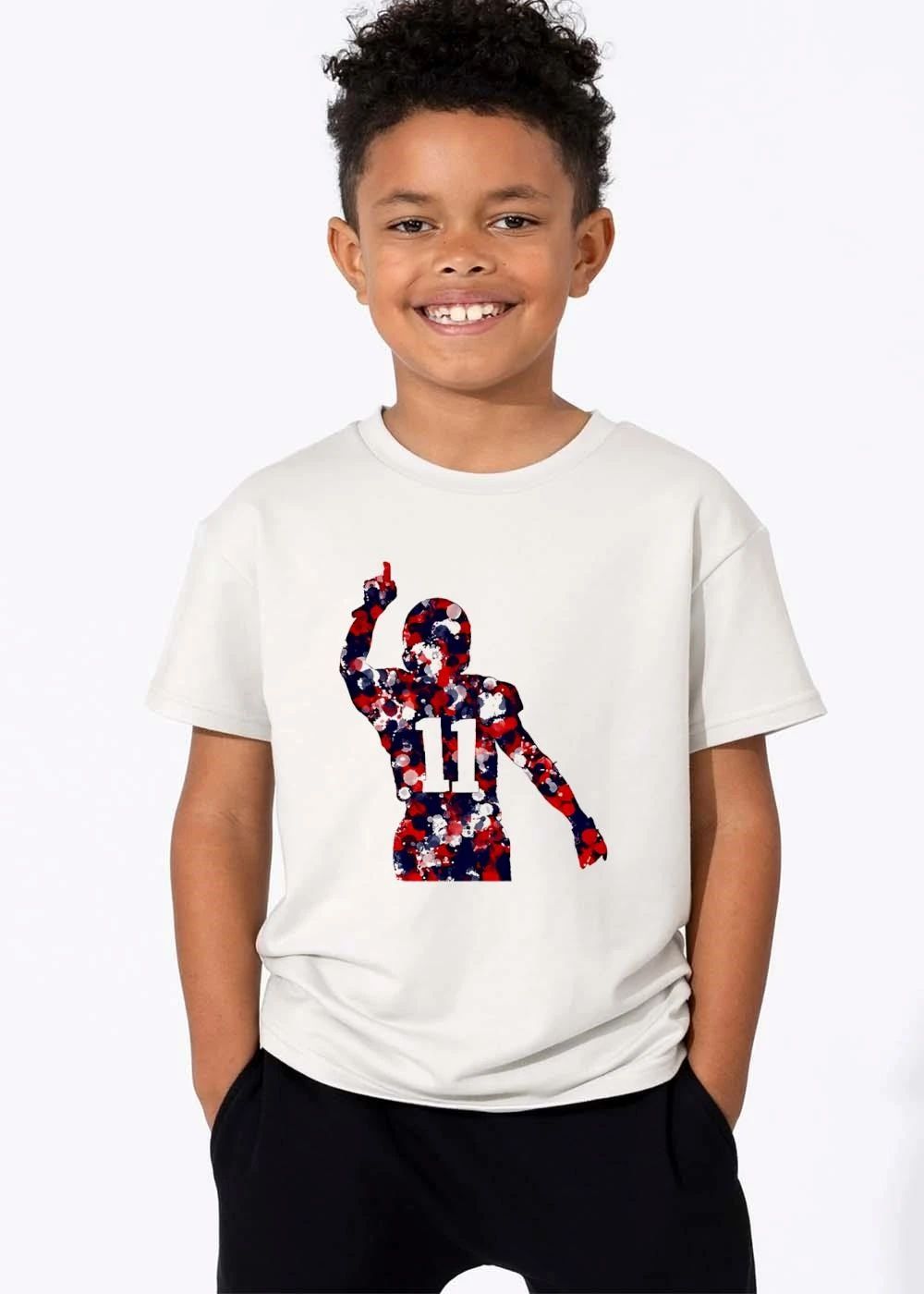 Football Player Silhouette Number 11 Pointing Up Red White Blue Paint Splatter Watercolor shirt