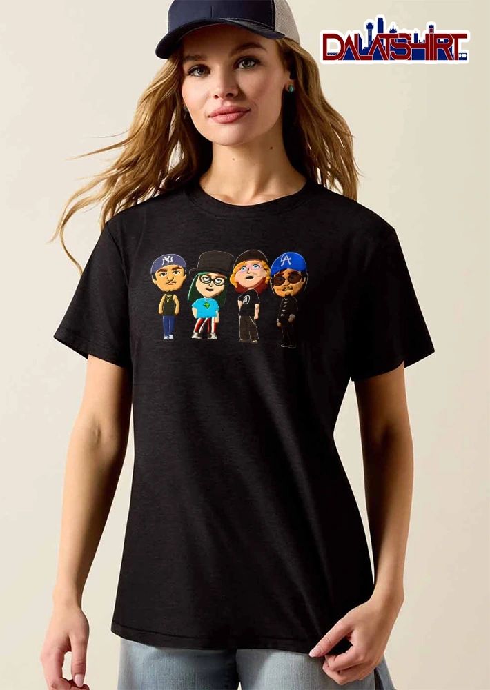 Cartoon Caricature Four Avatars Standing Lineup Black Background shirt