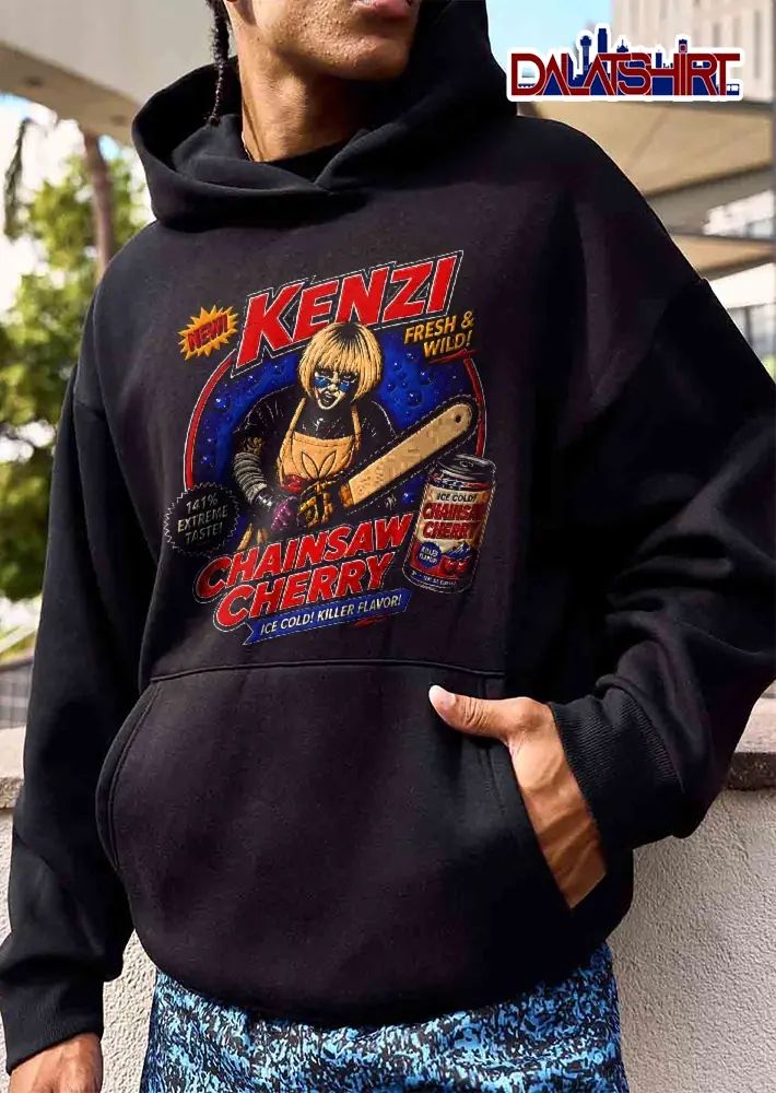 Kenzi Fresh And Wild 141 Percent Extreme Taste Chainsaw Cherry Ice Cold Killer Flavor Blonde Woman Apron shirt