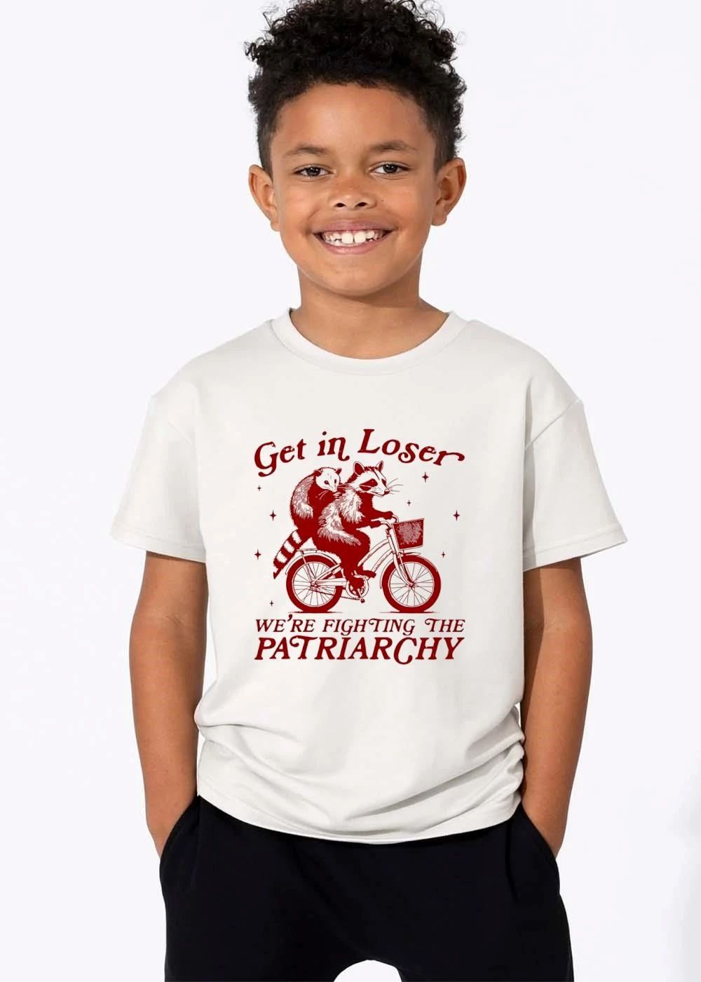 Get In Loser Were Fighting The Patriarchy Opossum Raccoon Bicycle shirt