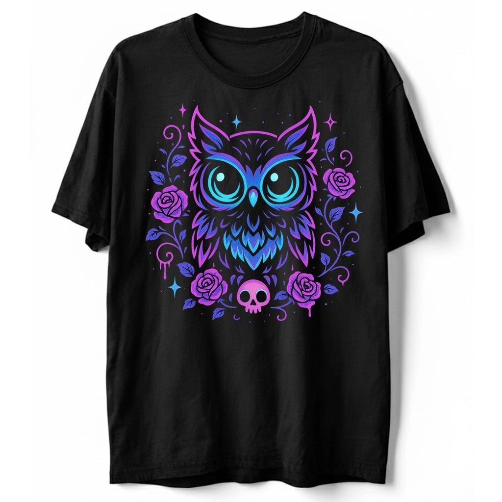 Cute Owl Roses T Shirt, Pastel Goth Kawaii Halloween Tee, Horror Skull Shirt