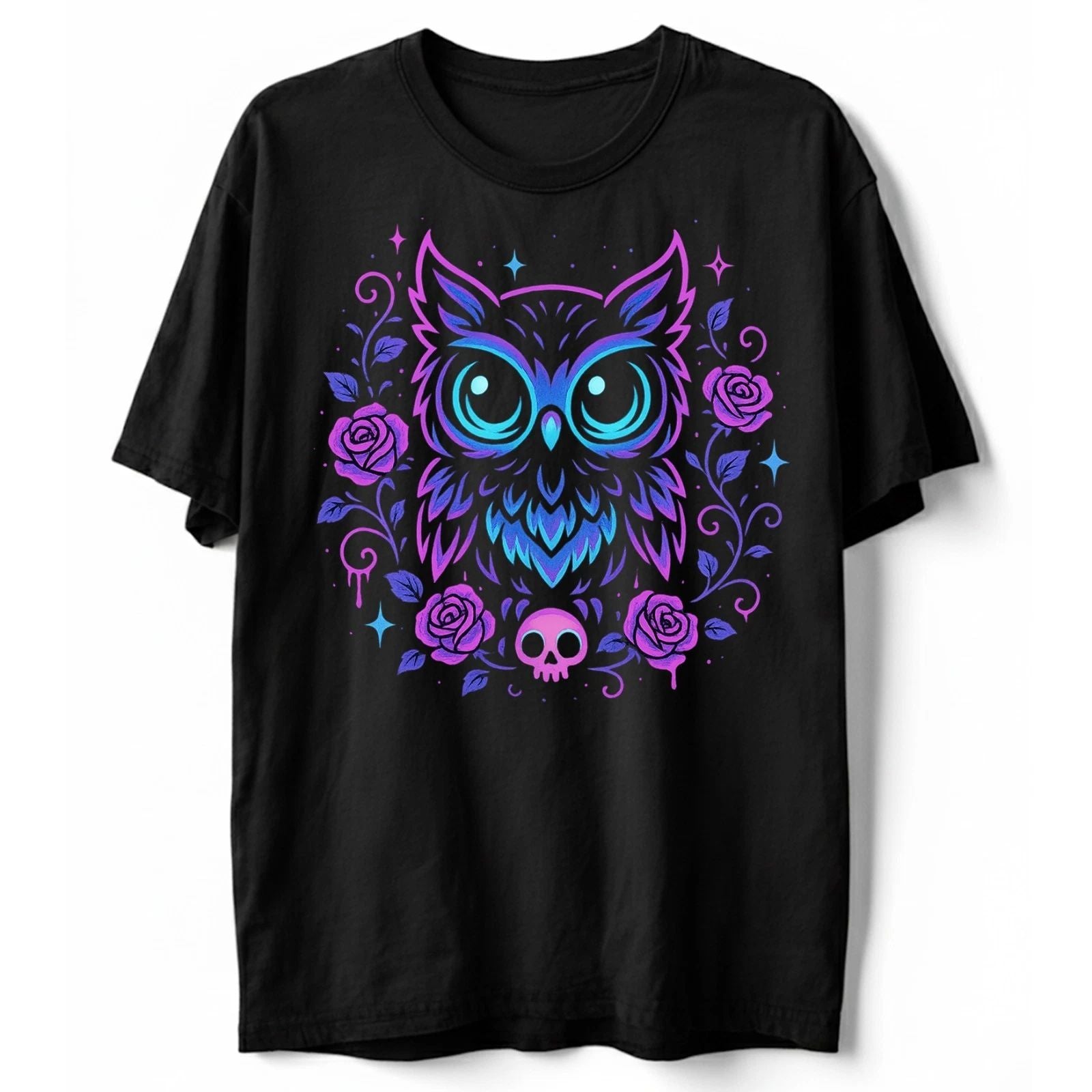 Cute Owl Roses T Shirt, Pastel Goth Kawaii Halloween Tee, Horror Skull Shirt