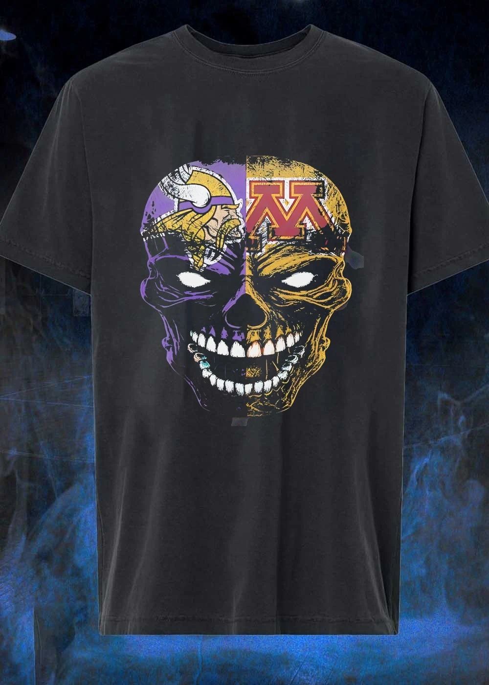 Minnesota Vikings and Gophers Split Face Skull T-Shirt