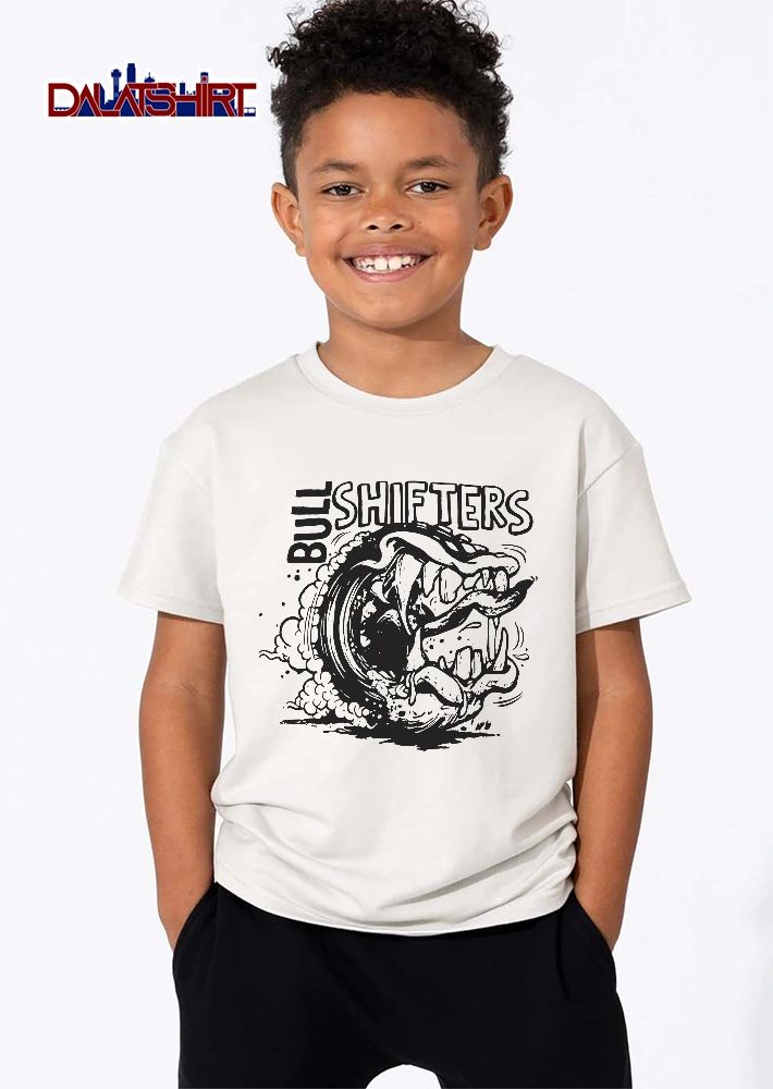 Bull Shifters Spinning Monster Tire Sharp Teeth Smoke Line Art Cartoon shirt
