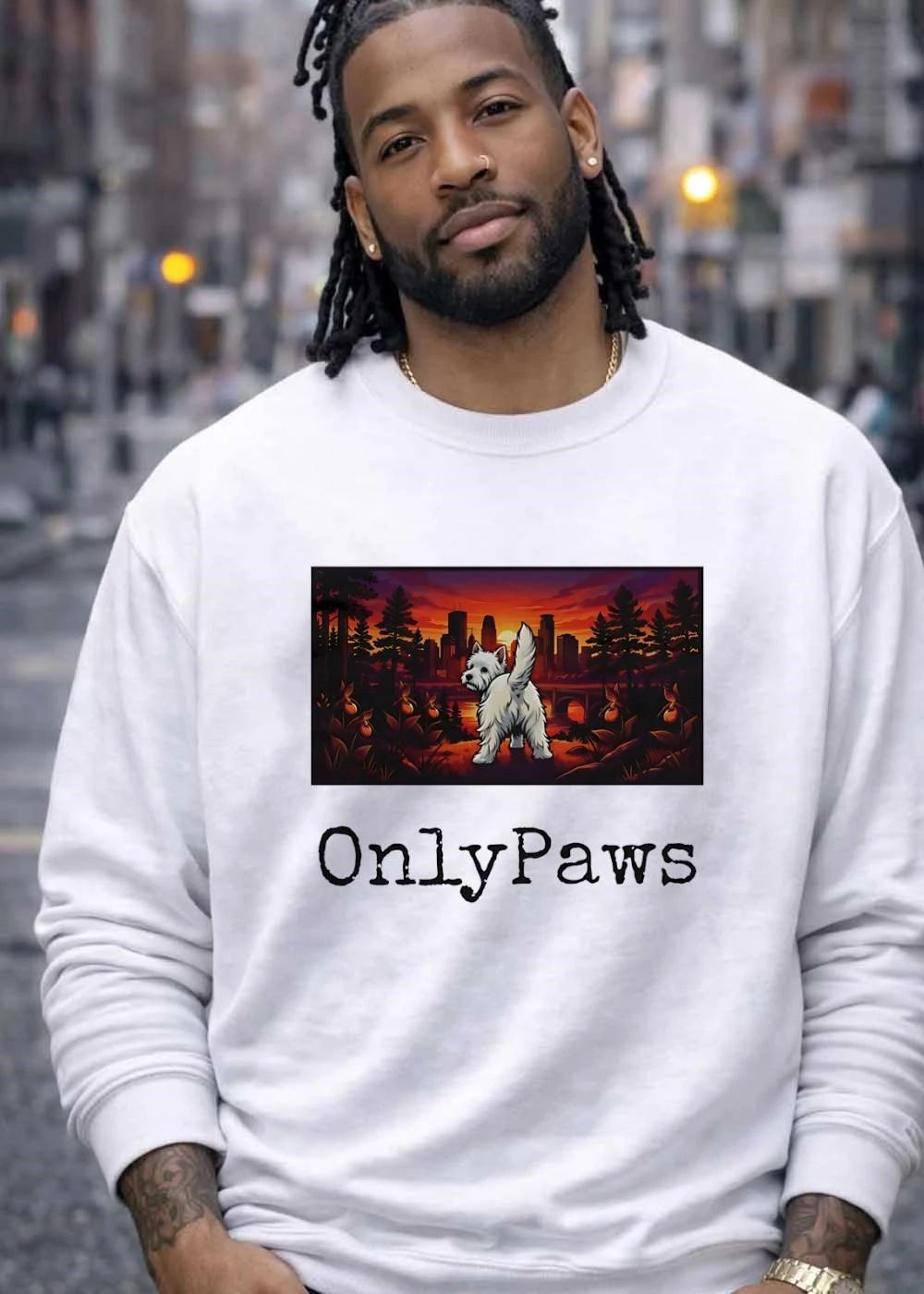 OnlyPaws Westie Dog Gazing at Minneapolis Sunset Skyline shirt
