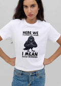Here We Fucking Go Again I Mean Good Morning Tired Crow Holding Coffee Cup Cartoon shirt