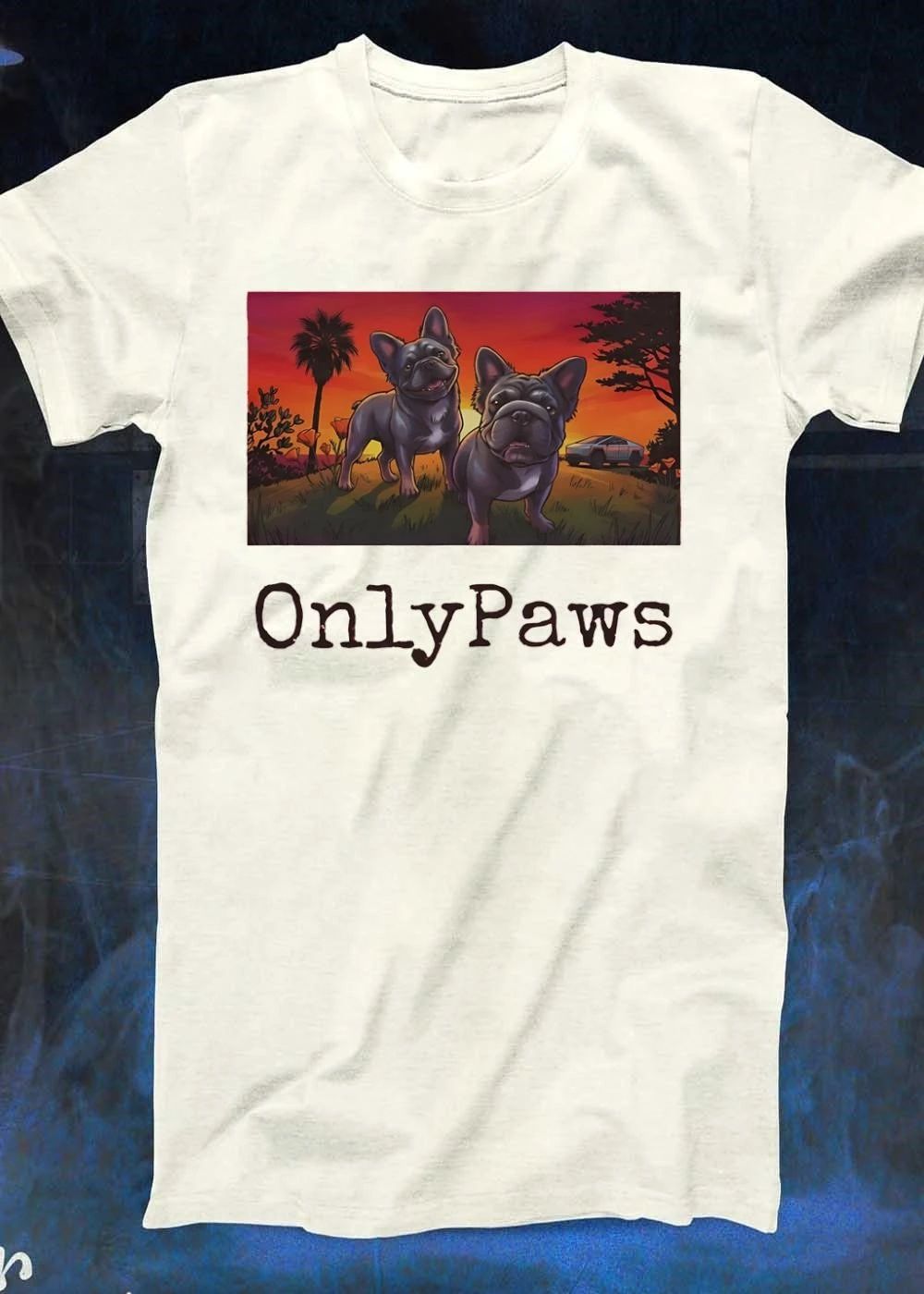 OnlyPaws Two French Bulldogs Sunset Cybertruck shirt