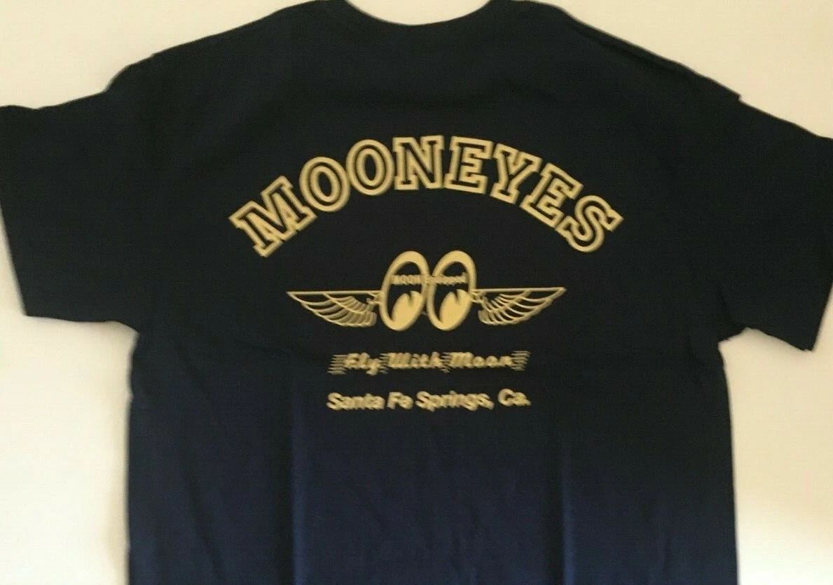 Mooneyes T-Shirts, Fly With Moon (046) Navy 100% Cotton  Chev Ford Mopar NHRA