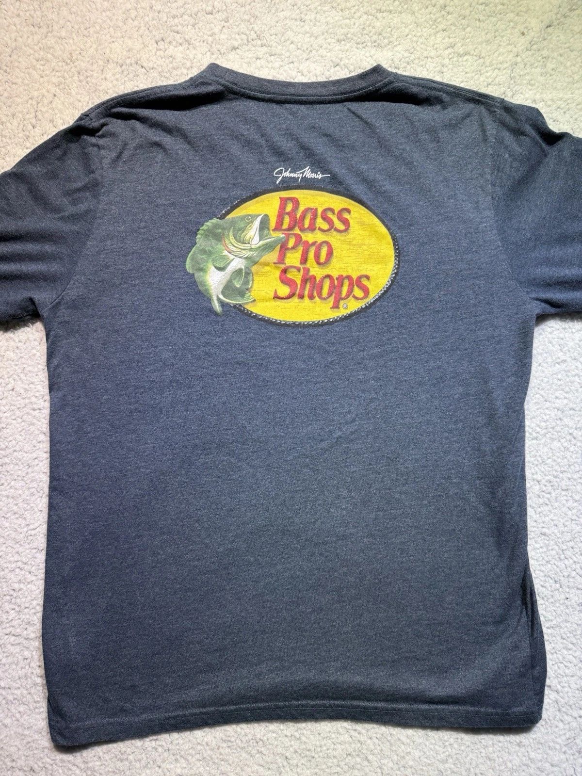 Bass Pro Shops Johnny Morris Shirt Mens M Dark Blue Graphic Cotton Everyday Wear