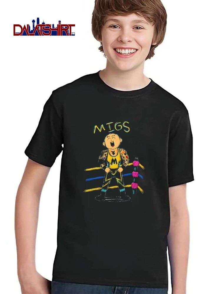 Migs Bald Laughing Wrestler Tattooed In Wrestling Ring Cartoon Caricature shirt