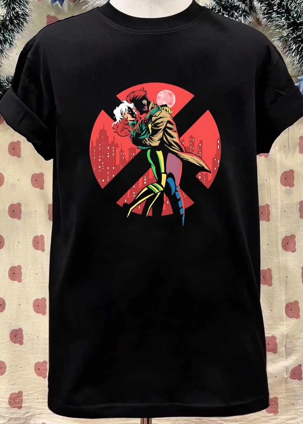 Rogue and Gambit Embrace in Red Moonlight X-Men shirt