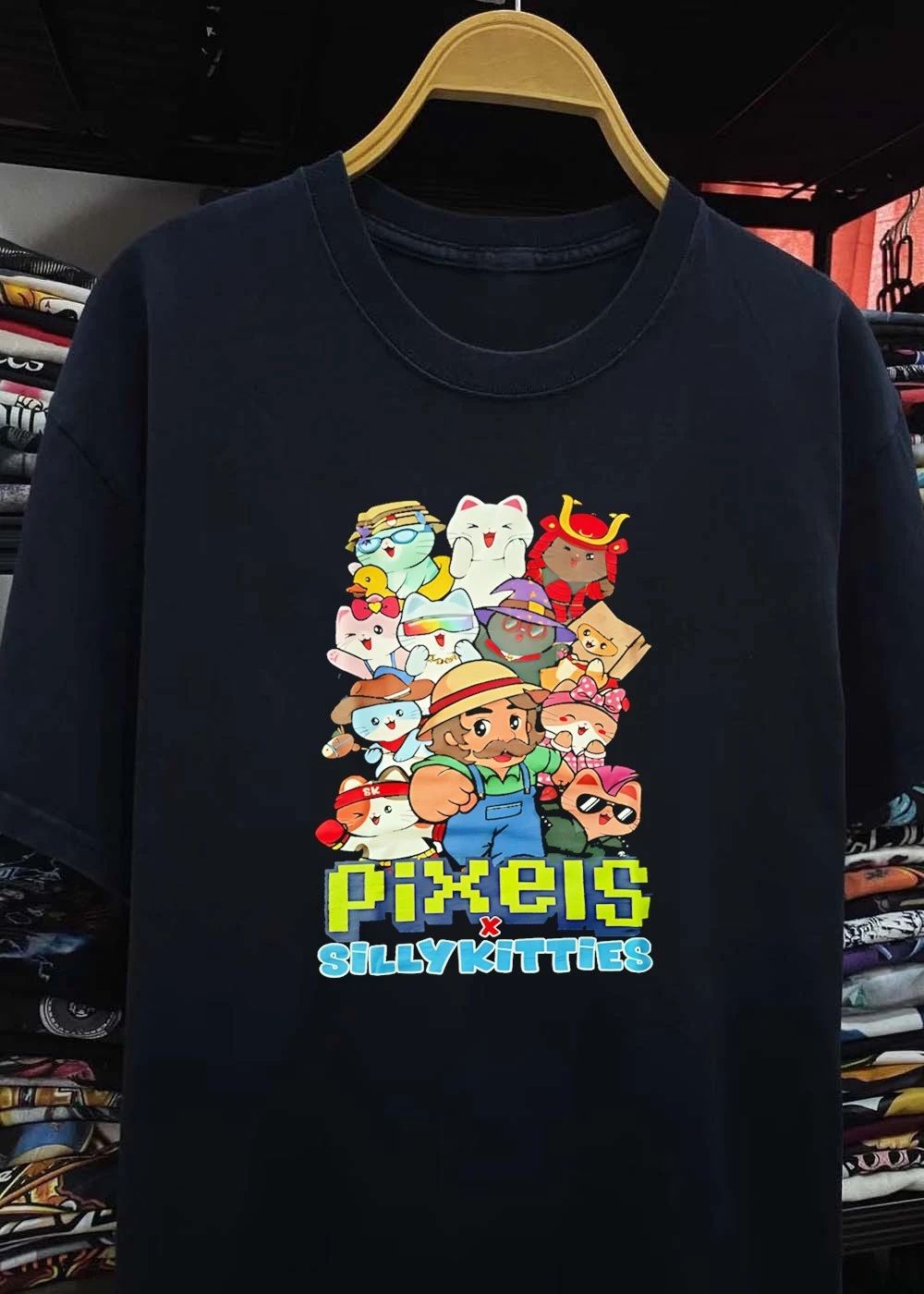Pixels X Silly Kitties Cute Cats Character Mashup Cotton T-Shirt